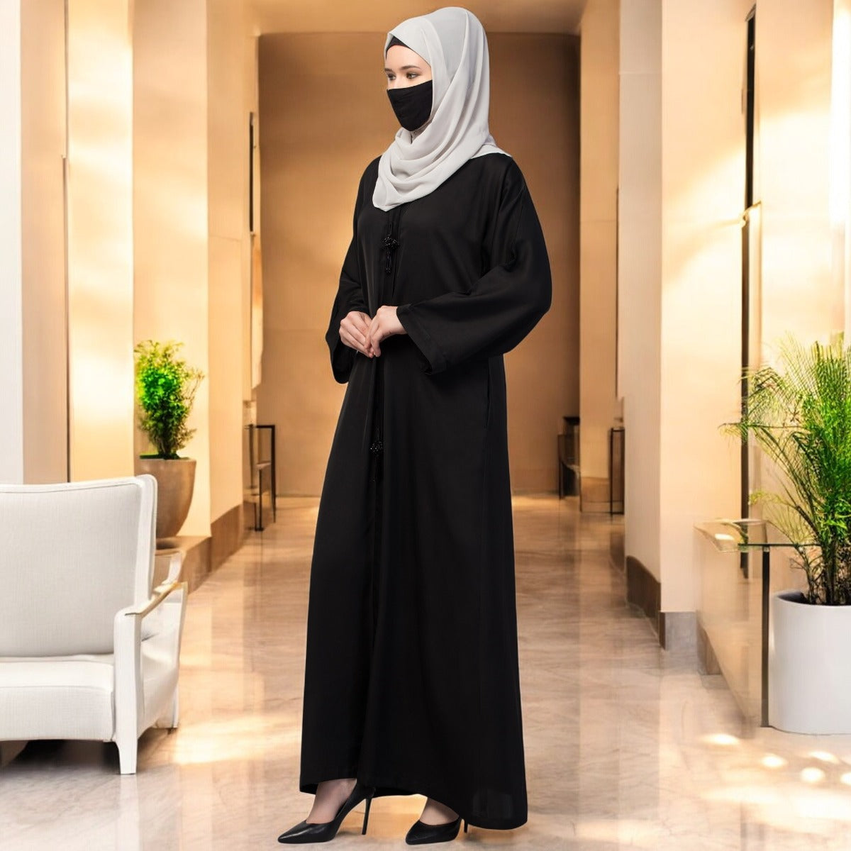 Front Open Abaya In Premium Praada Fabric With Embellished Tassels