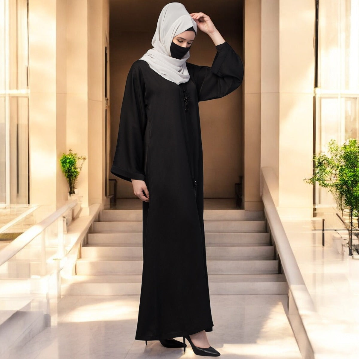 Front Open Abaya In Premium Praada Fabric With Embellished Tassels