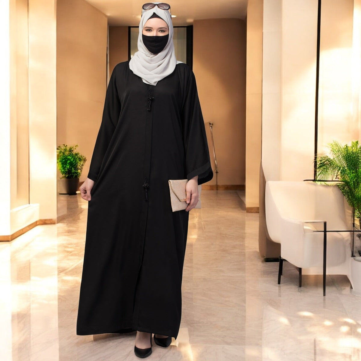 Front Open Abaya In Premium Praada Fabric With Embellished Tassels