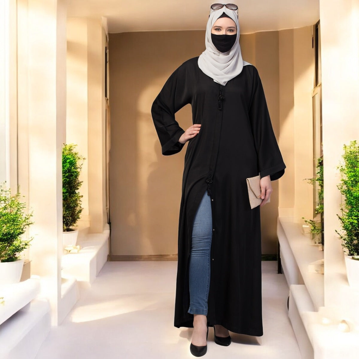 Front Open Abaya In Premium Praada Fabric With Embellished Tassels