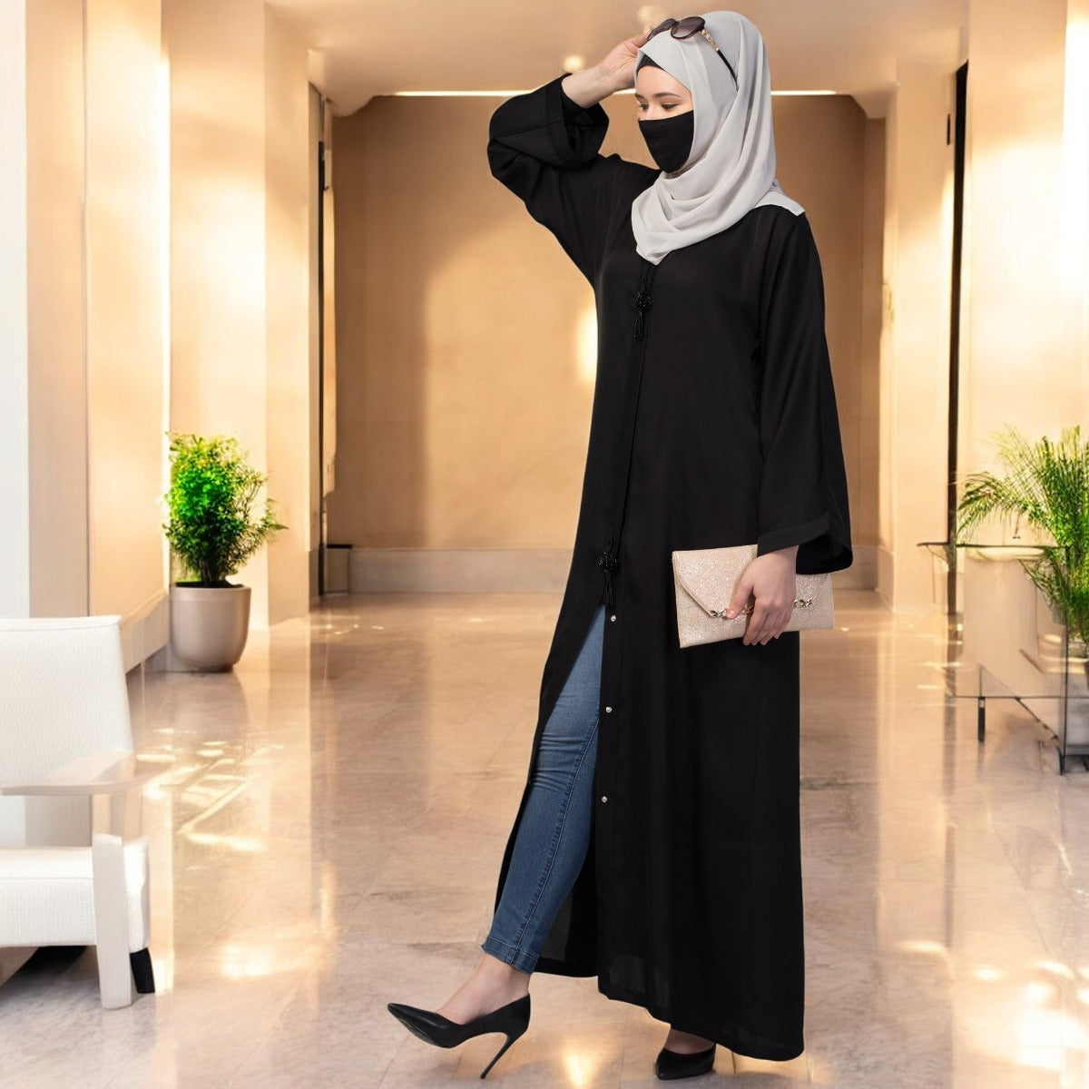 Front Open Abaya In Premium Praada Fabric With Embellished Tassels