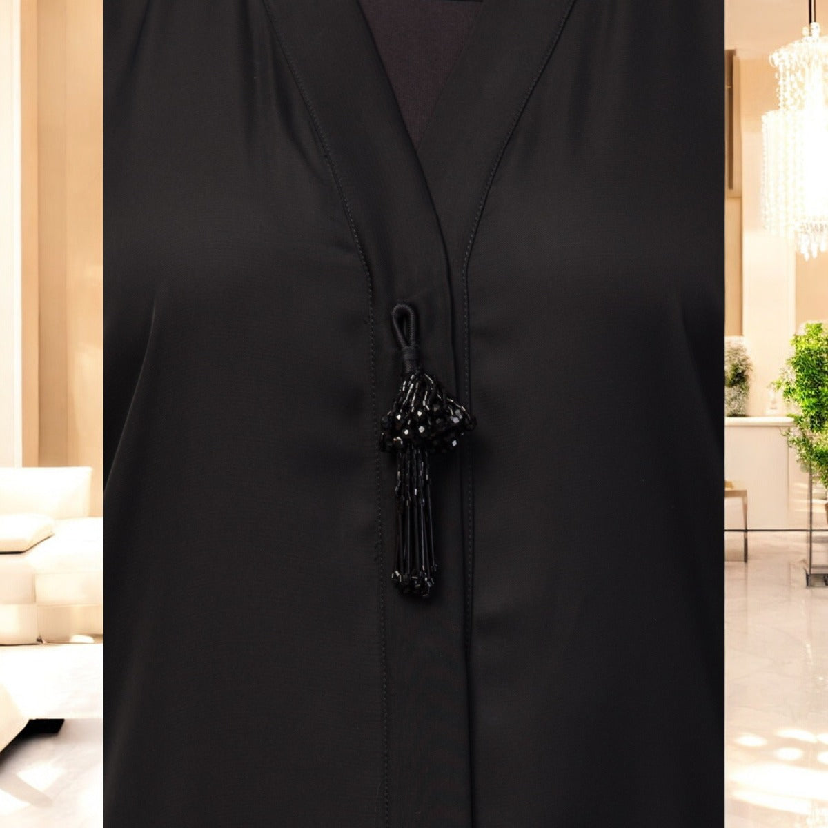 Front Open Abaya In Premium Praada Fabric With Embellished Tassels