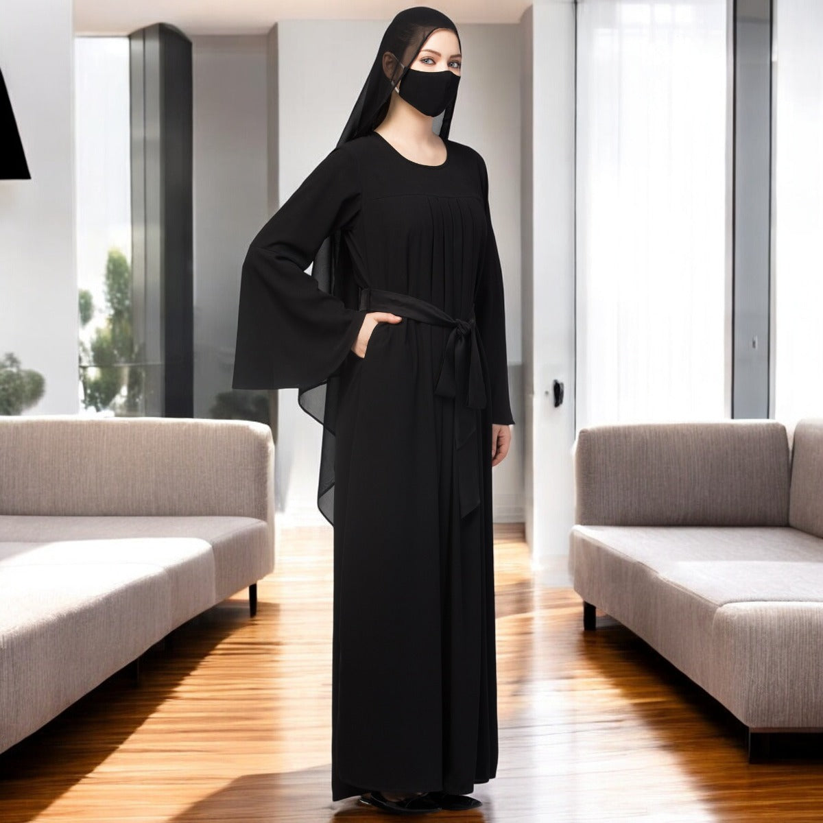 Designer Abaya With Pleats & Belt