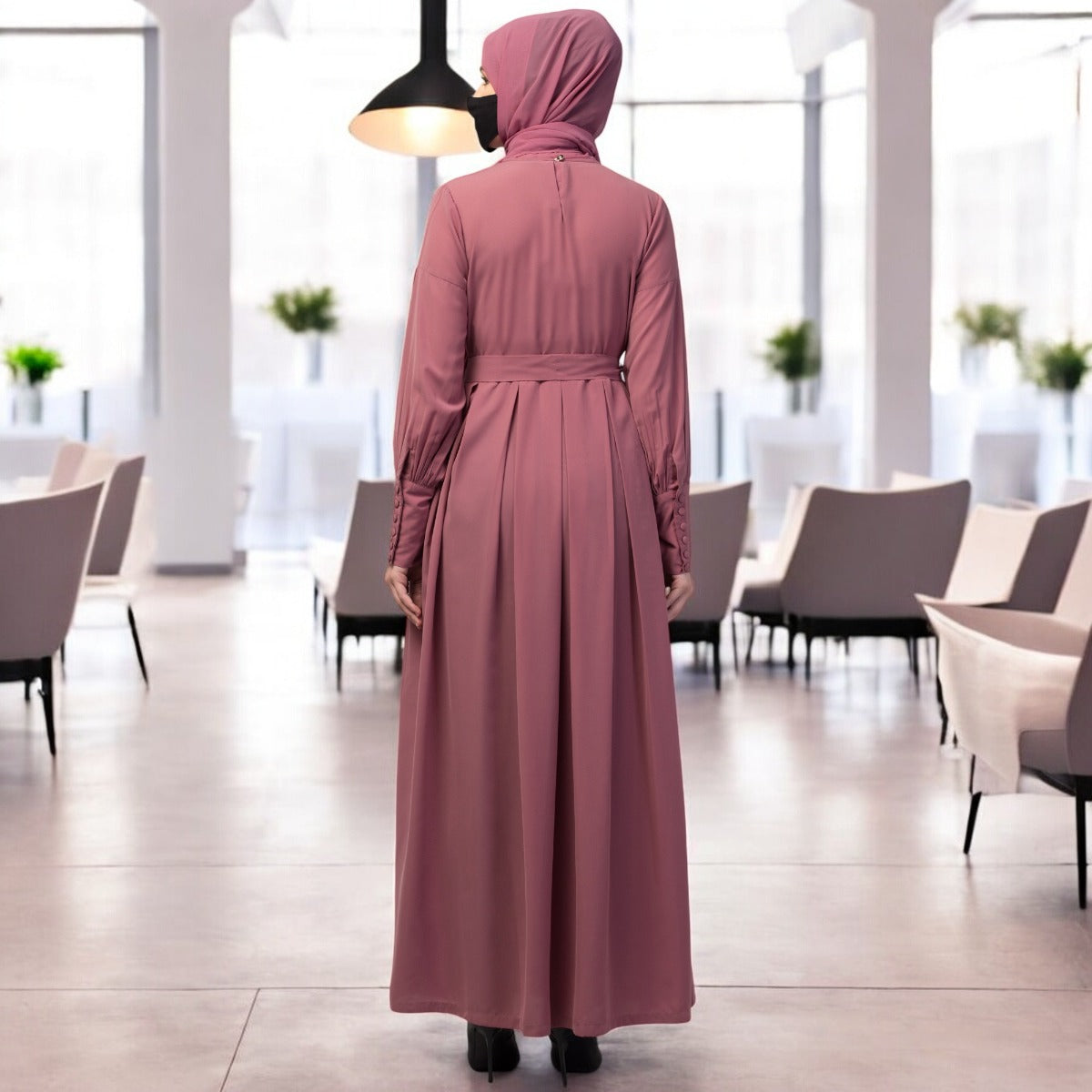 Modest Abaya Dress With Long Cuffs & Belt