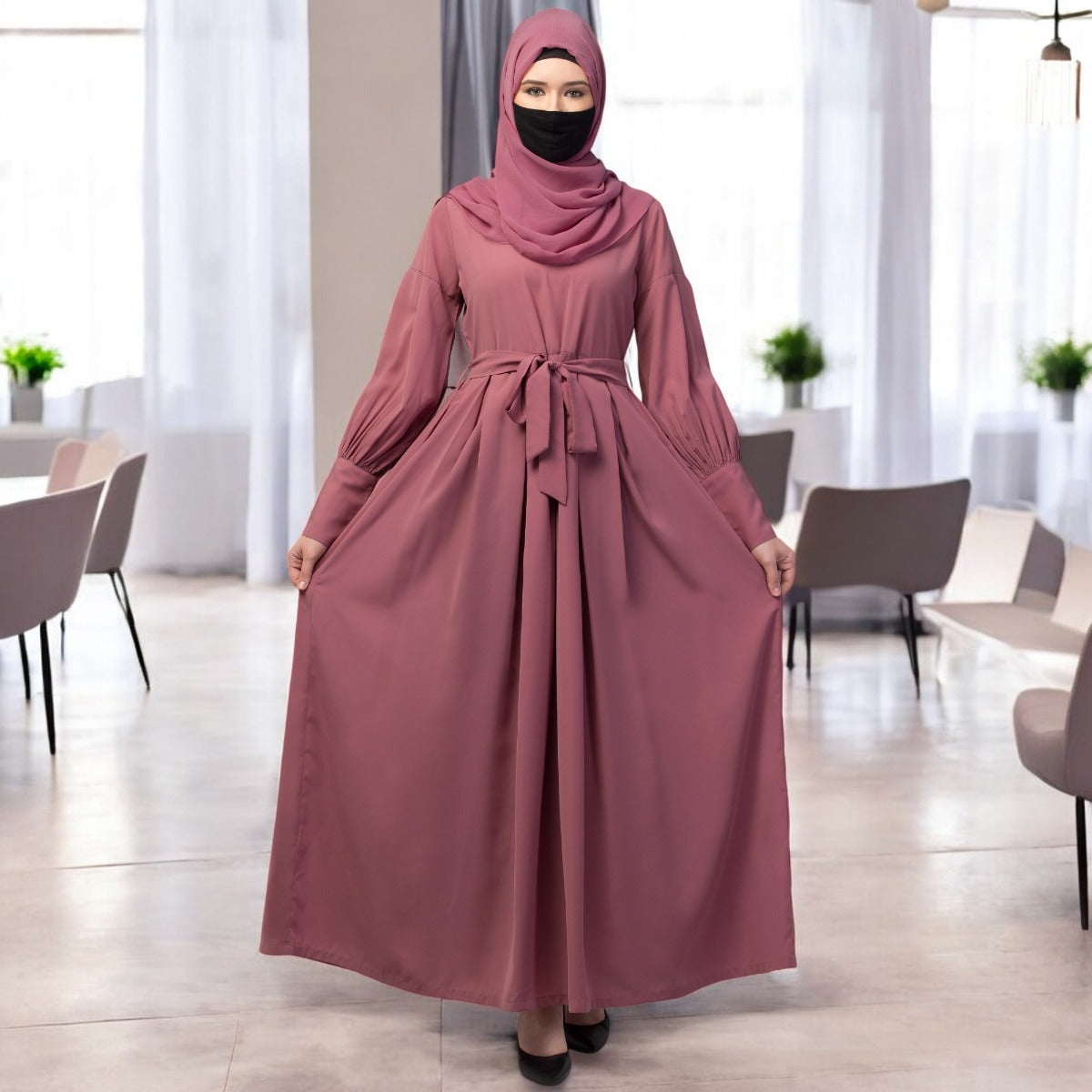 Modest Abaya Dress With Long Cuffs & Belt