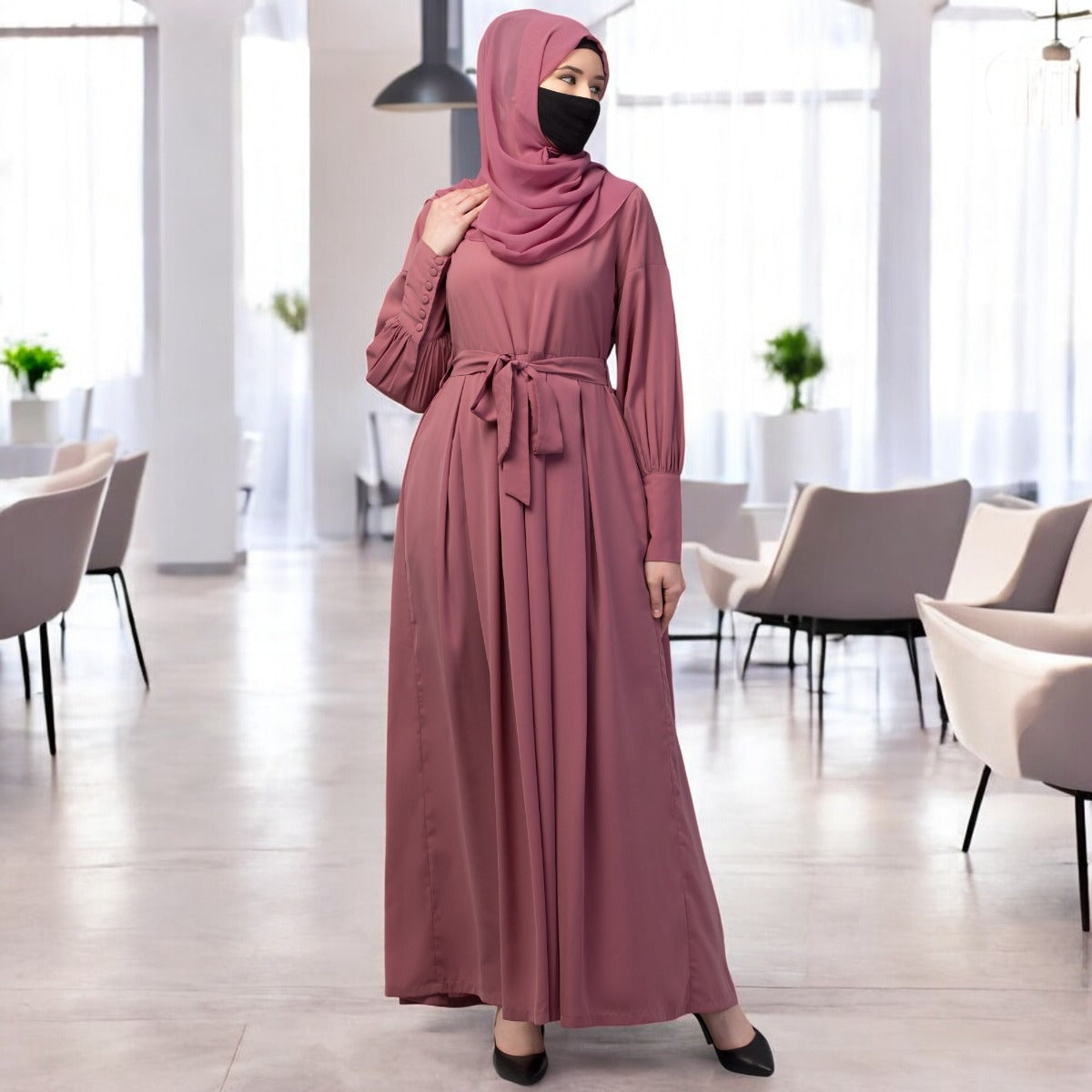 Modest Abaya Dress With Long Cuffs & Belt