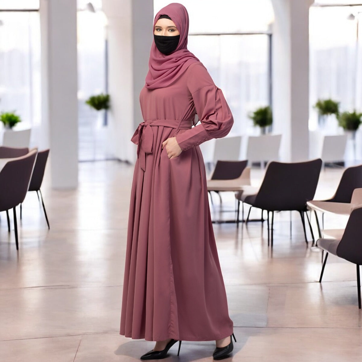 Modest Abaya Dress With Long Cuffs & Belt
