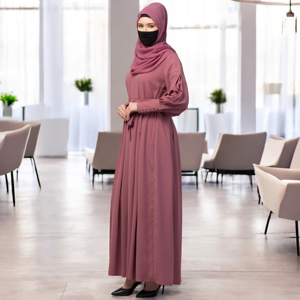 Modest Abaya Dress With Long Cuffs & Belt
