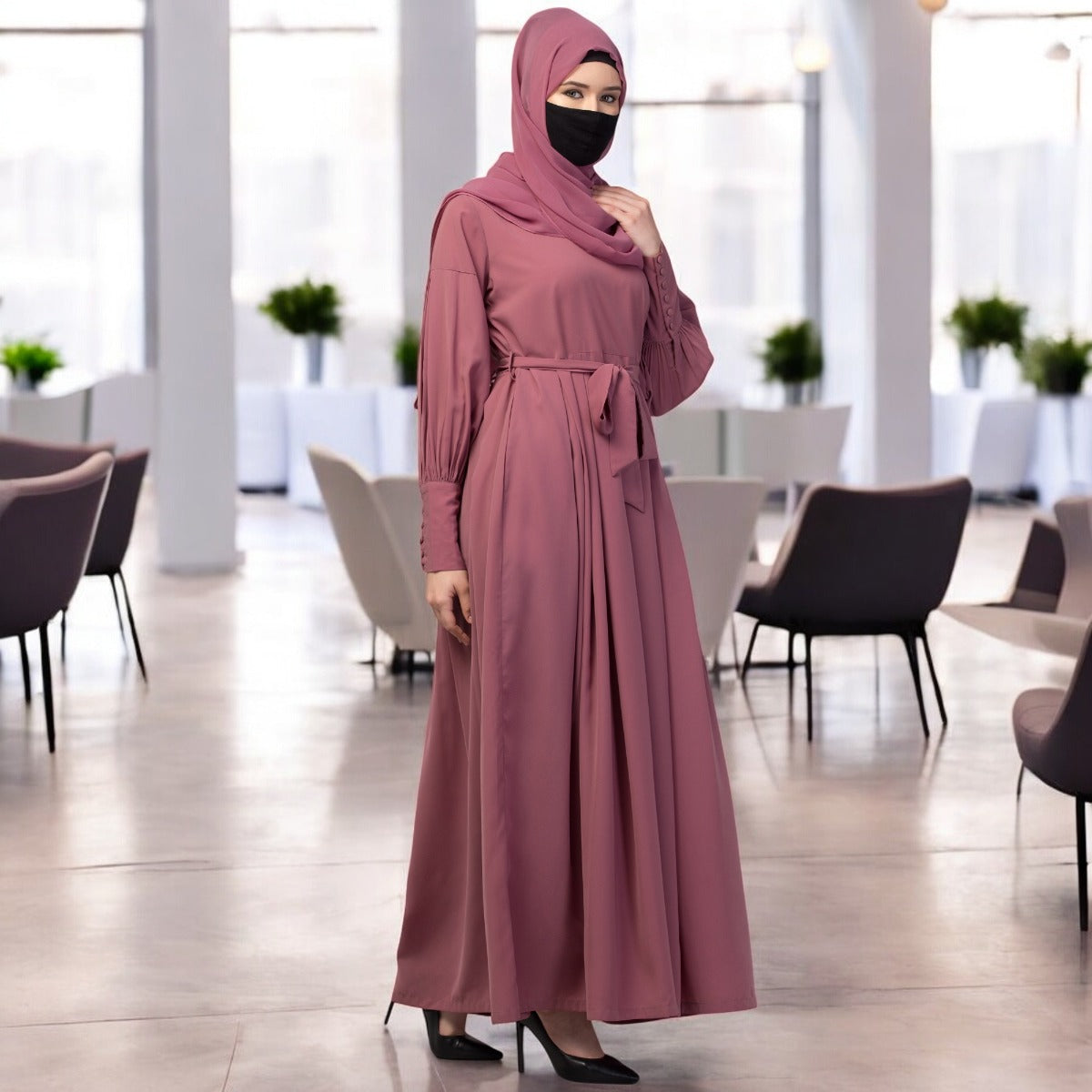 Modest Abaya Dress With Long Cuffs & Belt