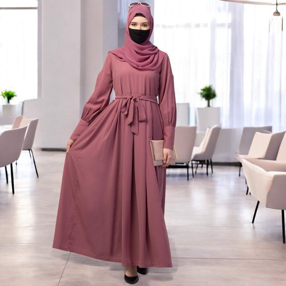 Modest Abaya Dress With Long Cuffs & Belt