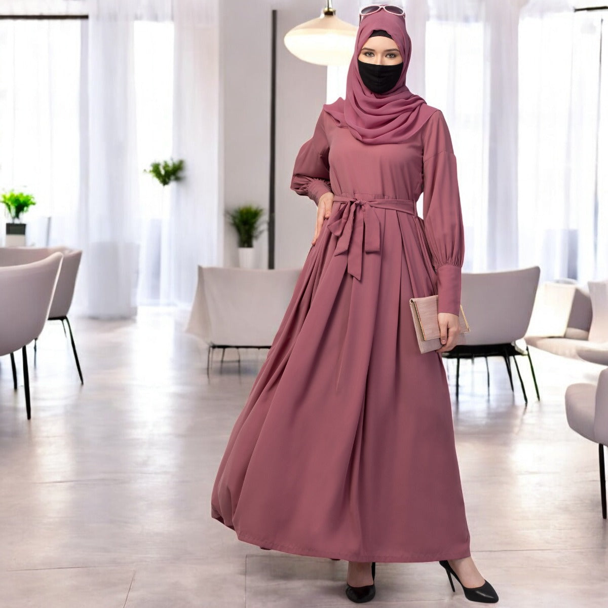 Modest Abaya Dress With Long Cuffs & Belt