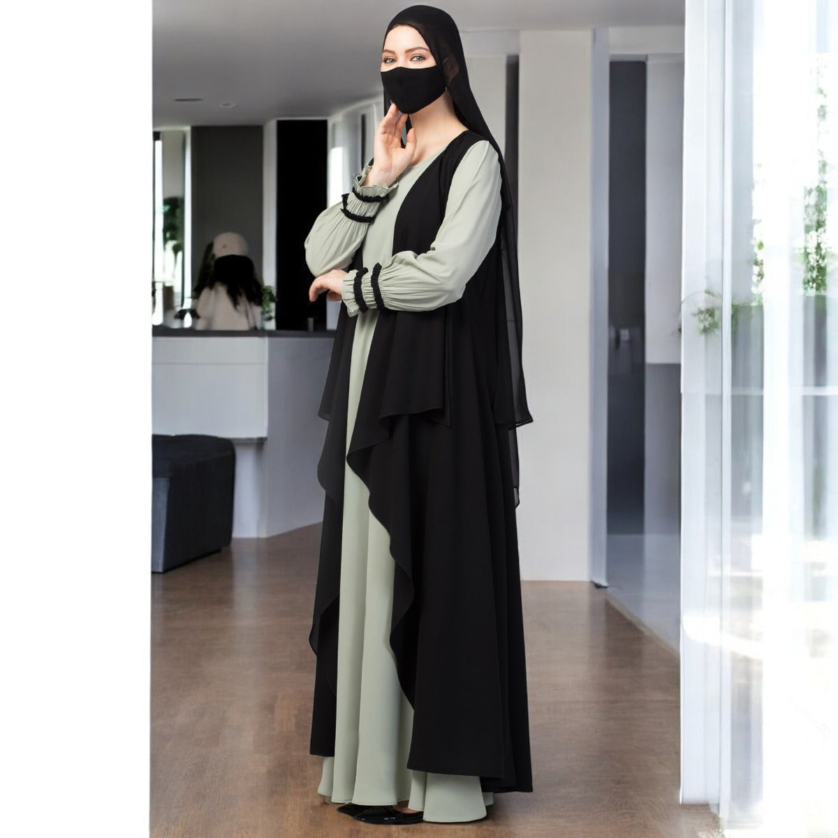 Three Pieces Set- Abaya With Shrug & Hijab