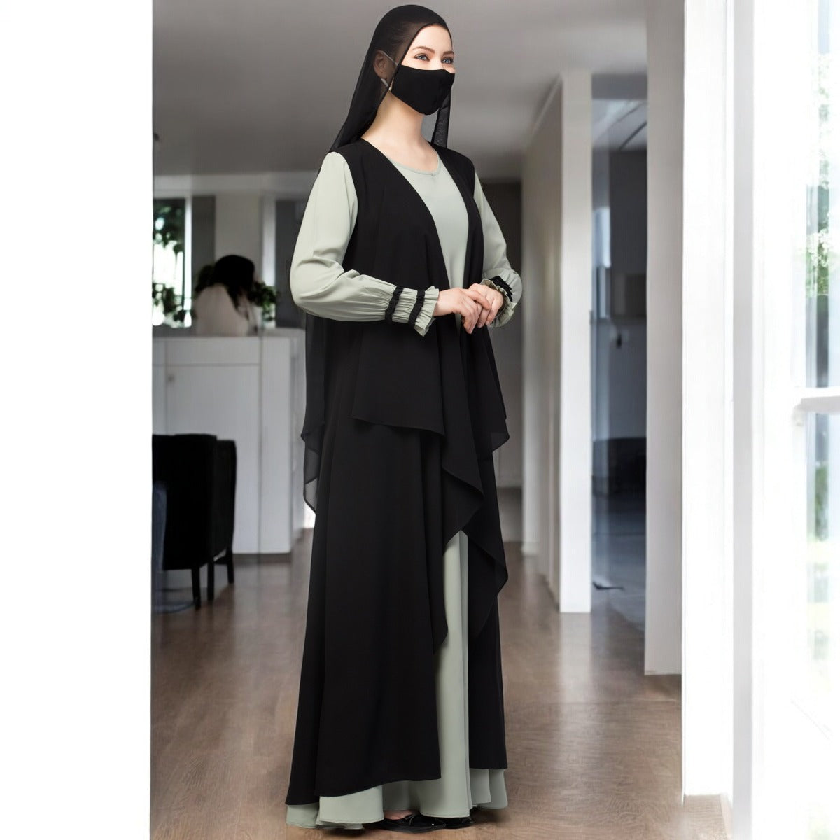 Three Pieces Set- Abaya With Shrug & Hijab