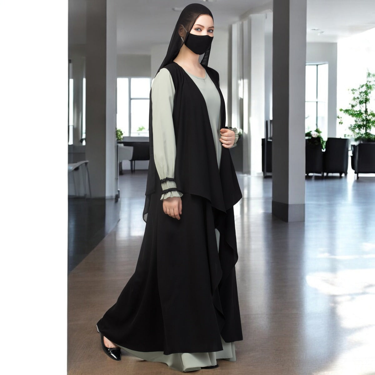 Three Pieces Set- Abaya With Shrug & Hijab