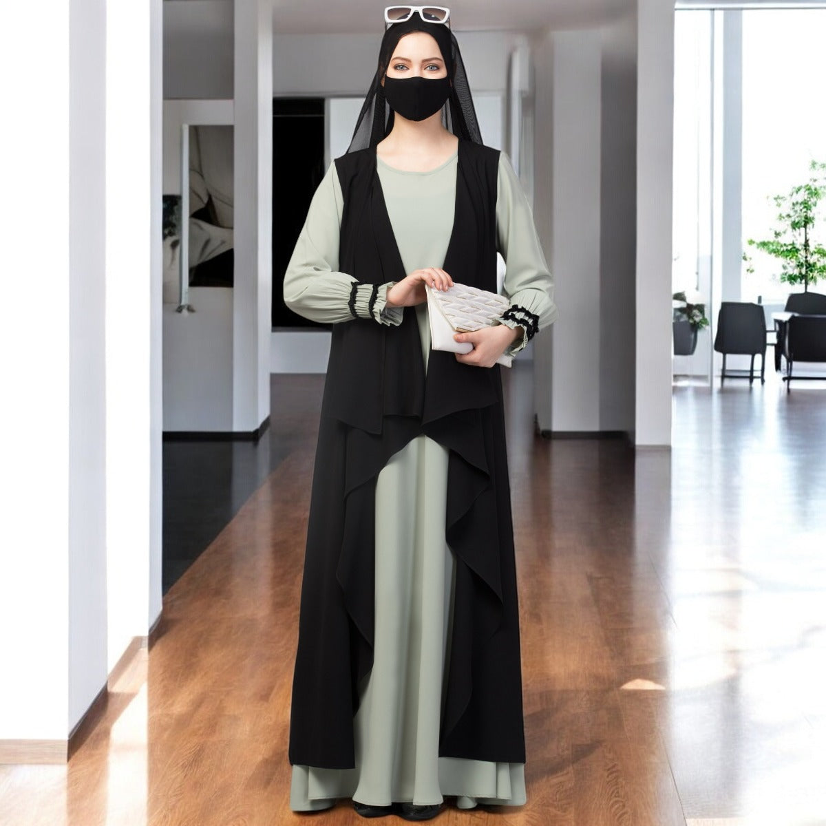 Three Pieces Set- Abaya With Shrug & Hijab