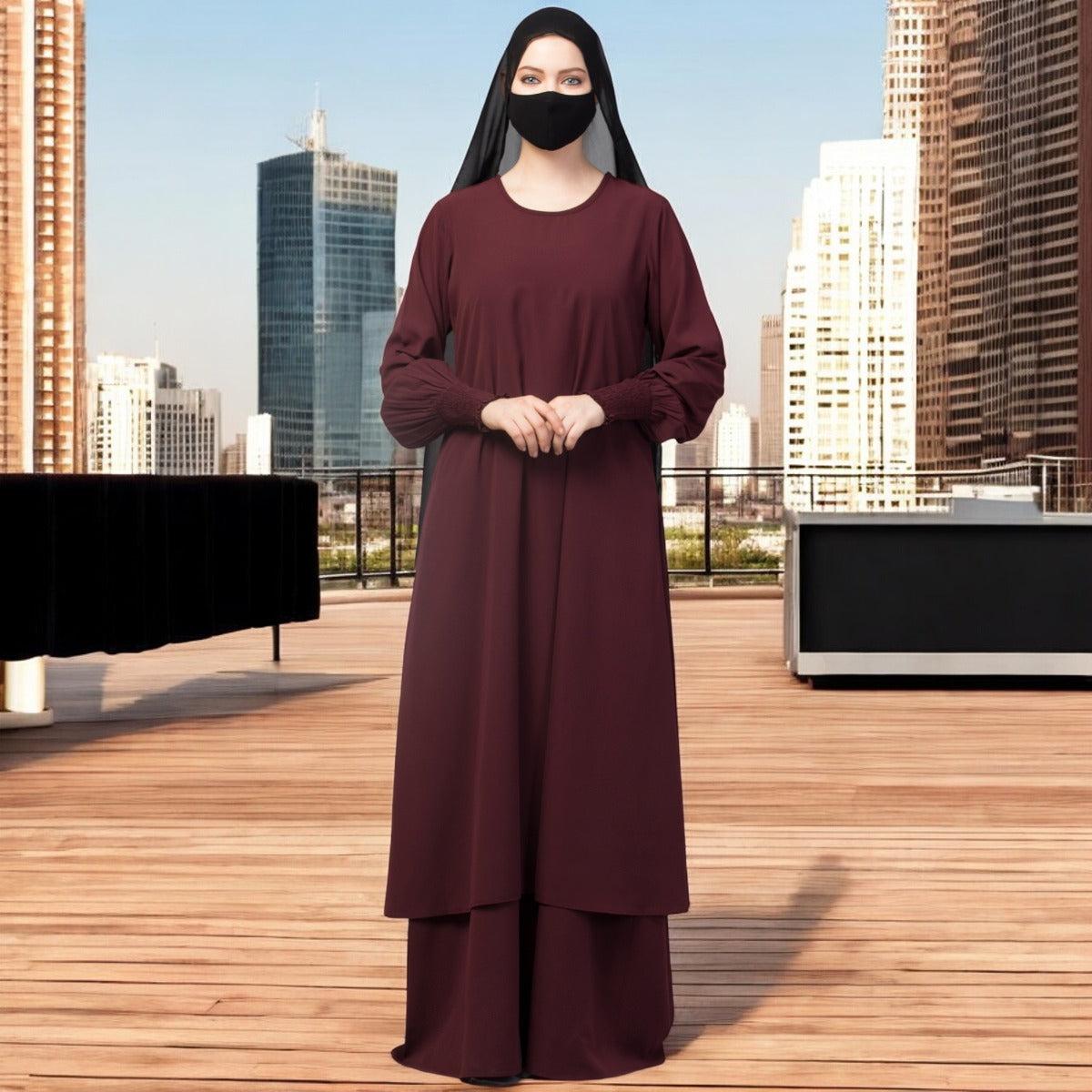 Three Pieces Set- Dual Layer Abaya With Stole & Mouth Piece.