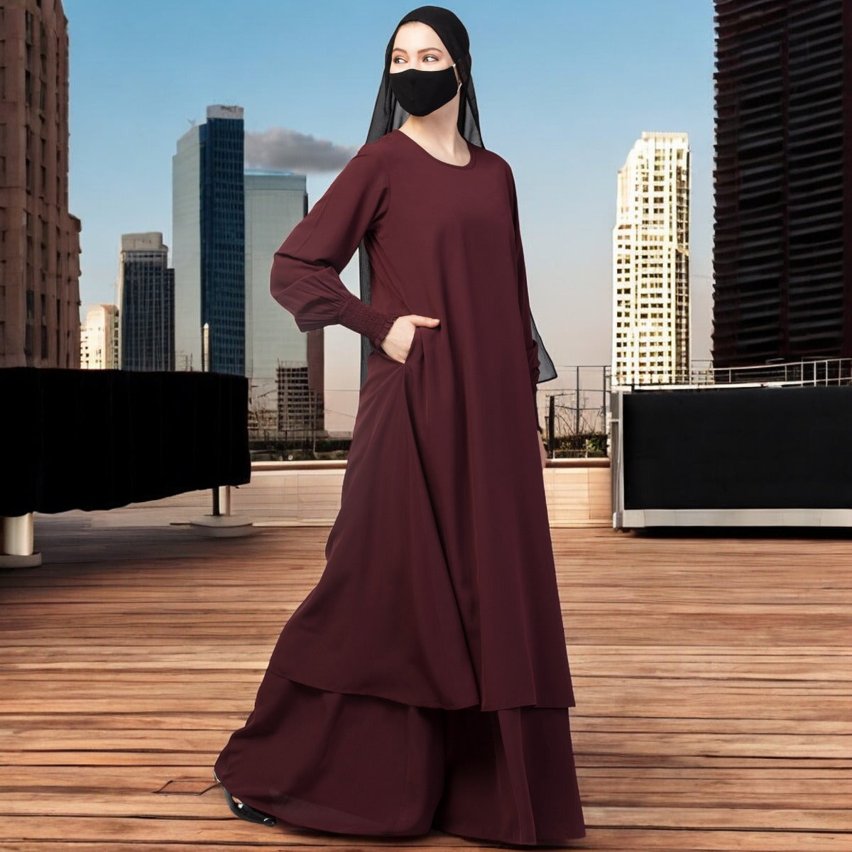 Three Pieces Set- Dual Layer Abaya With Stole & Mouth Piece.