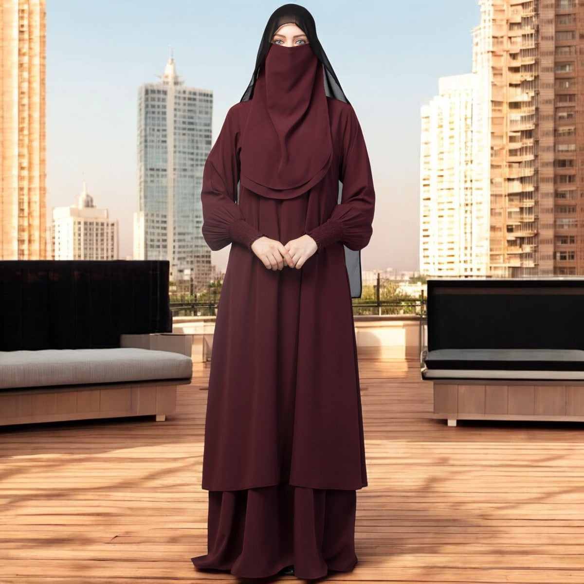 Three Pieces Set- Dual Layer Abaya With Stole & Mouth Piece.