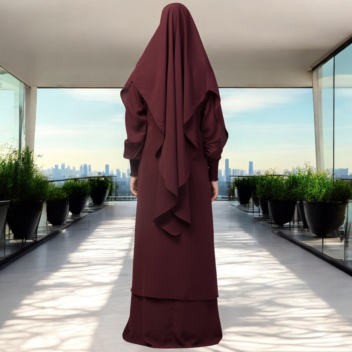 Four Pieces Set- Dual Layer Abaya With Khimar, Stole & Mouth Piece.