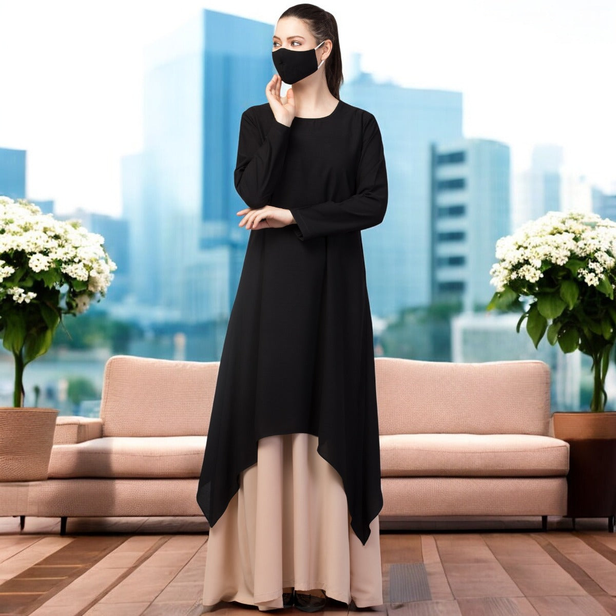 Three Piece Set- Dual Layered Designer Abaya With Hijab & Mouth Piece.