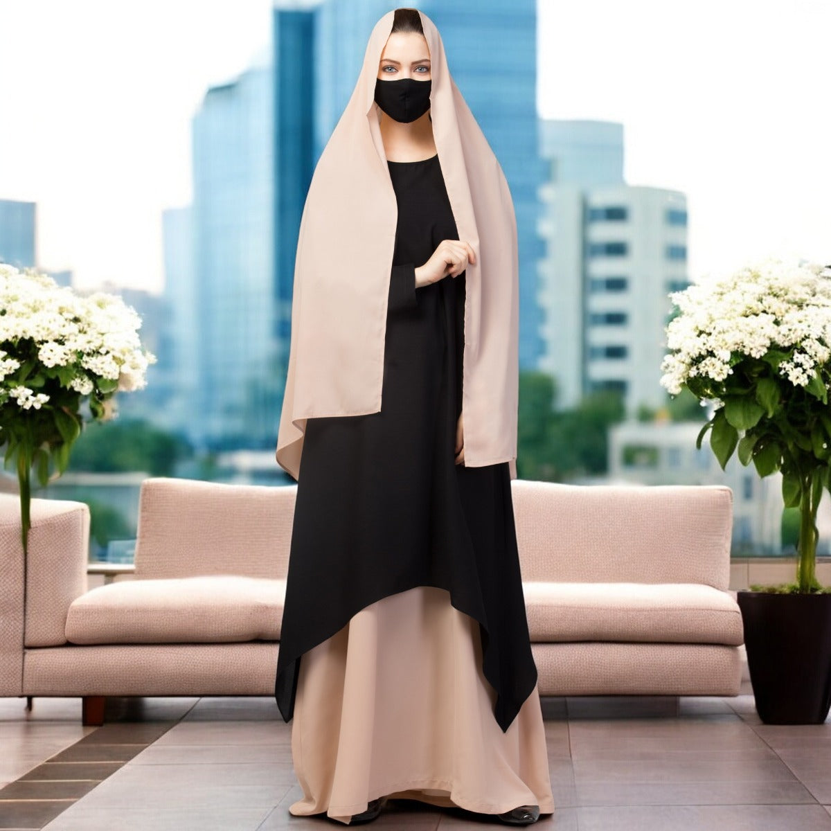 Three Piece Set- Dual Layered Designer Abaya With Hijab & Mouth Piece.