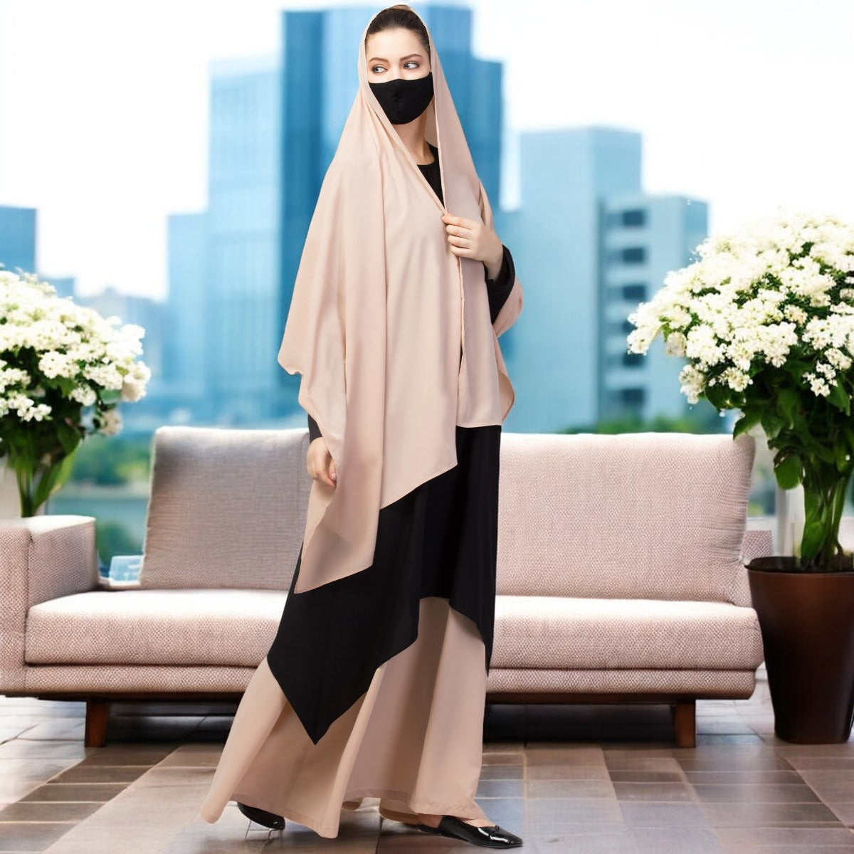 Three Piece Set- Dual Layered Designer Abaya With Hijab & Mouth Piece.