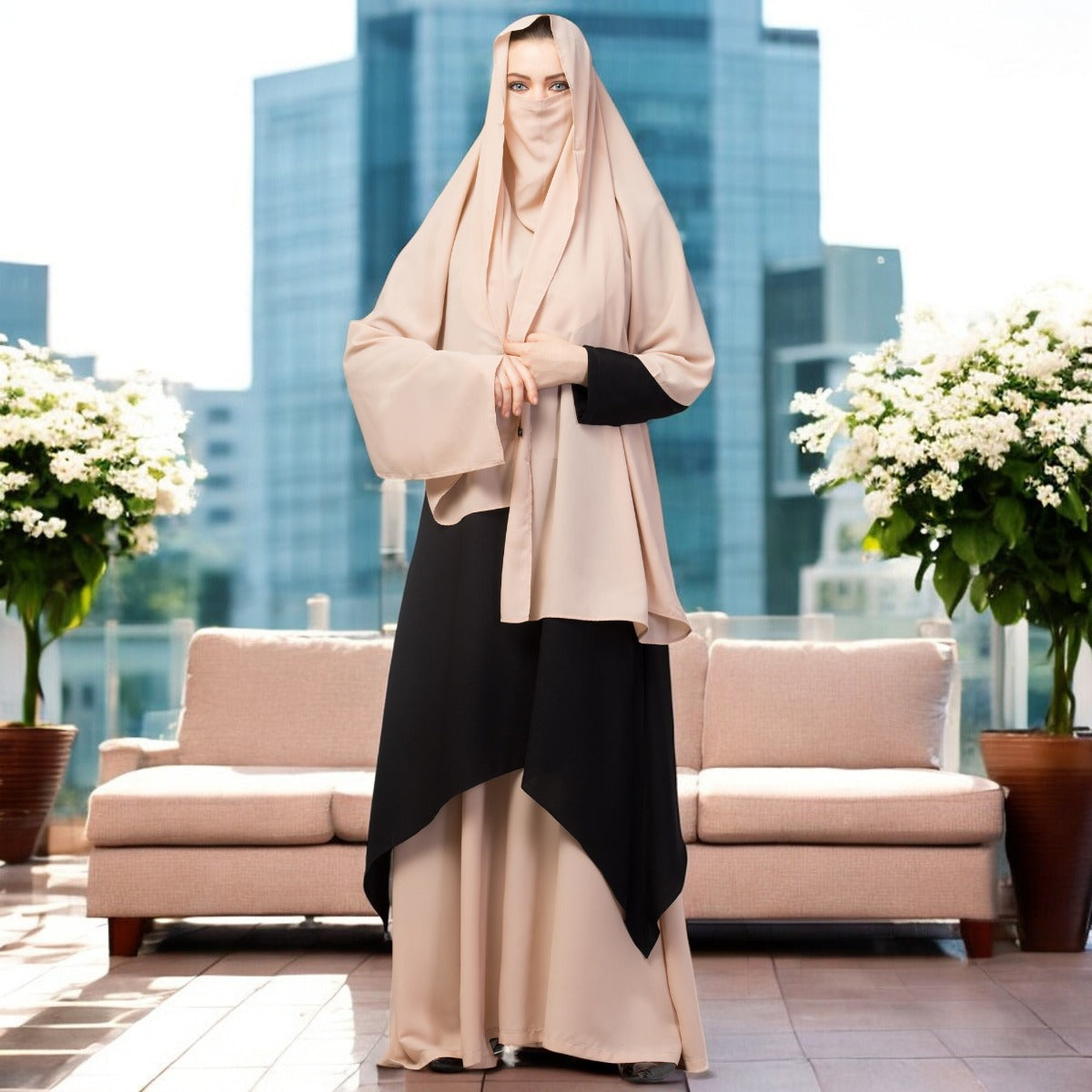Three Piece Set- Dual Layered Designer Abaya With Hijab & Mouth Piece.