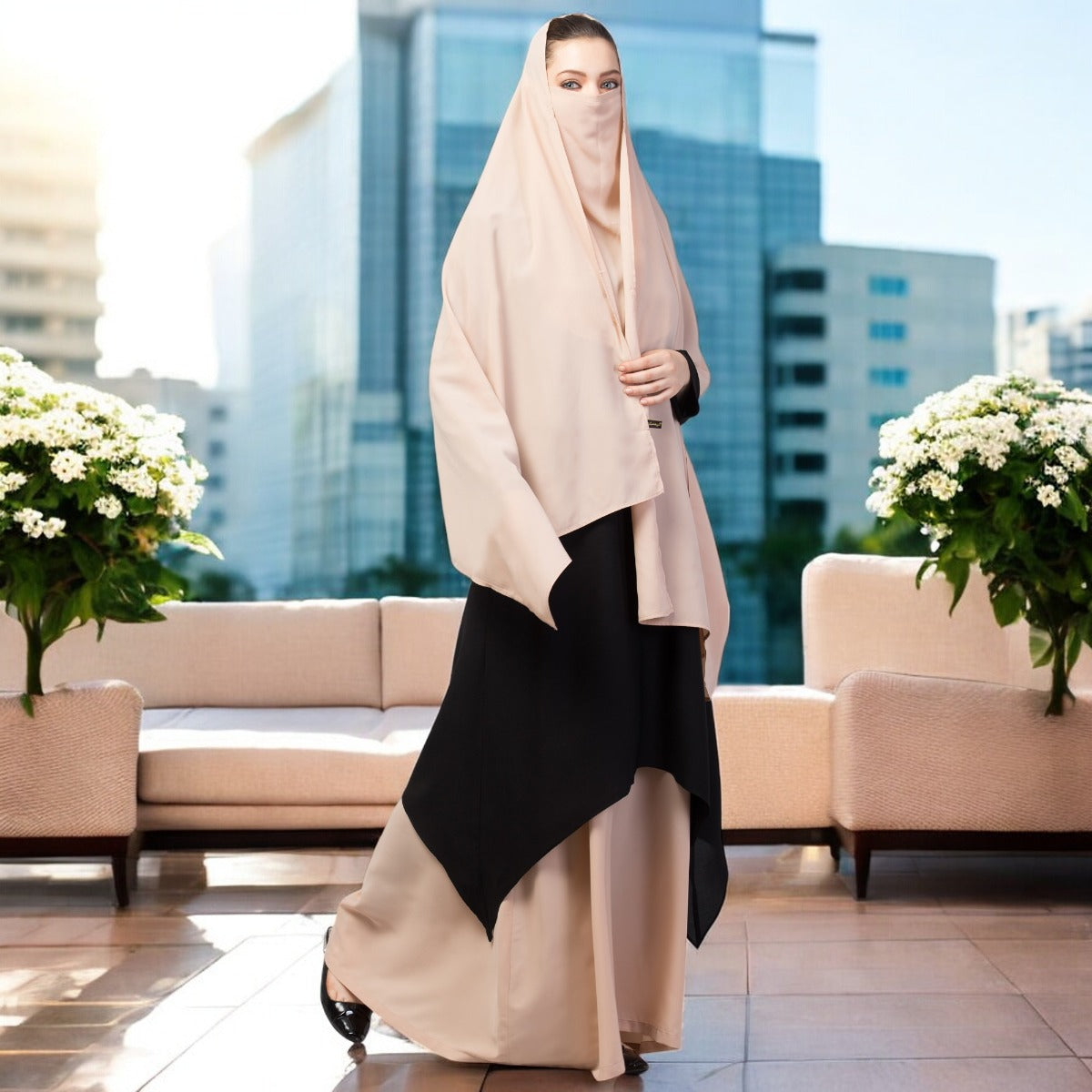 Three Piece Set- Dual Layered Designer Abaya With Hijab & Mouth Piece.