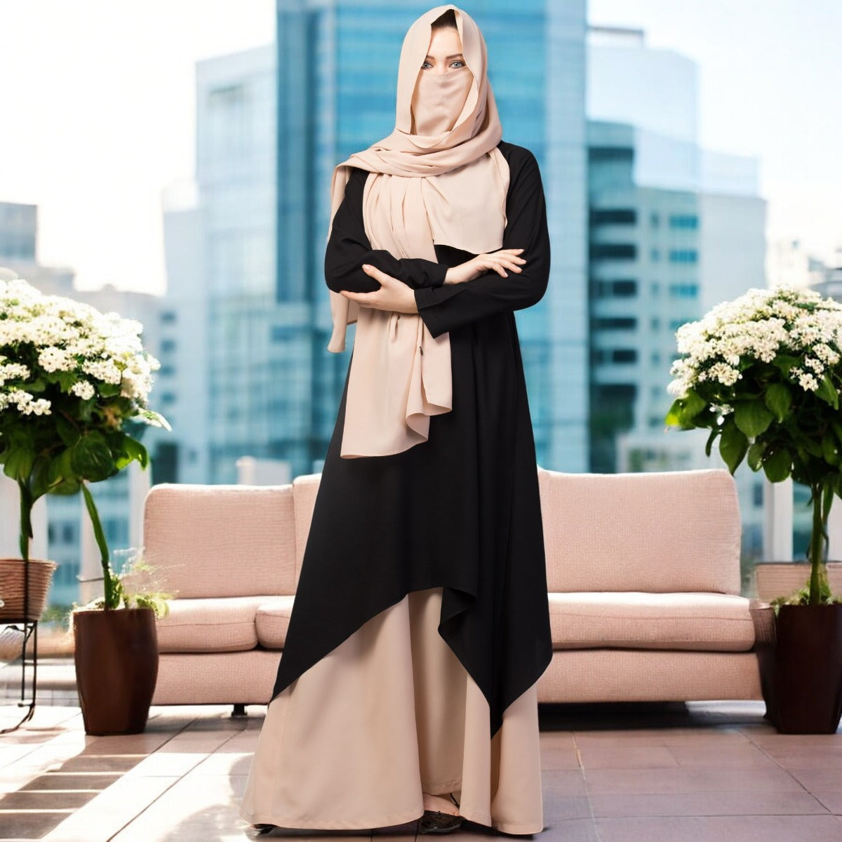 Three Piece Set- Dual Layered Designer Abaya With Hijab & Mouth Piece.