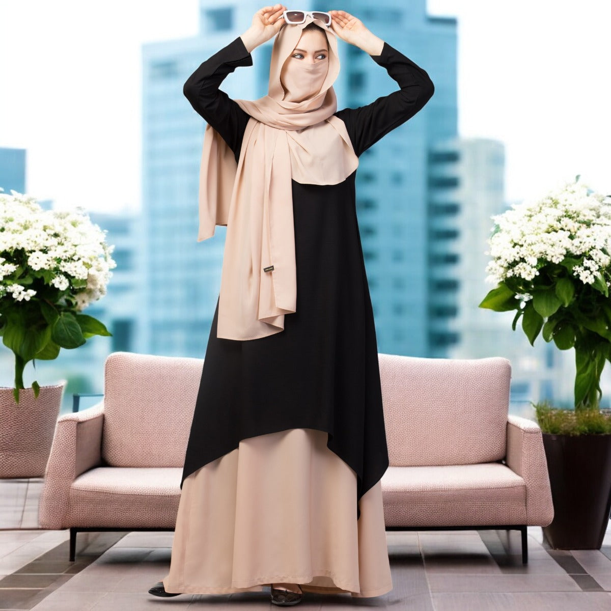 Three Piece Set- Dual Layered Designer Abaya With Hijab & Mouth Piece.