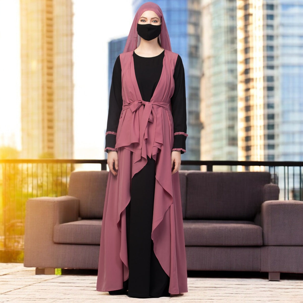 Three Pieces Set- Abaya With Shrug & Hijab