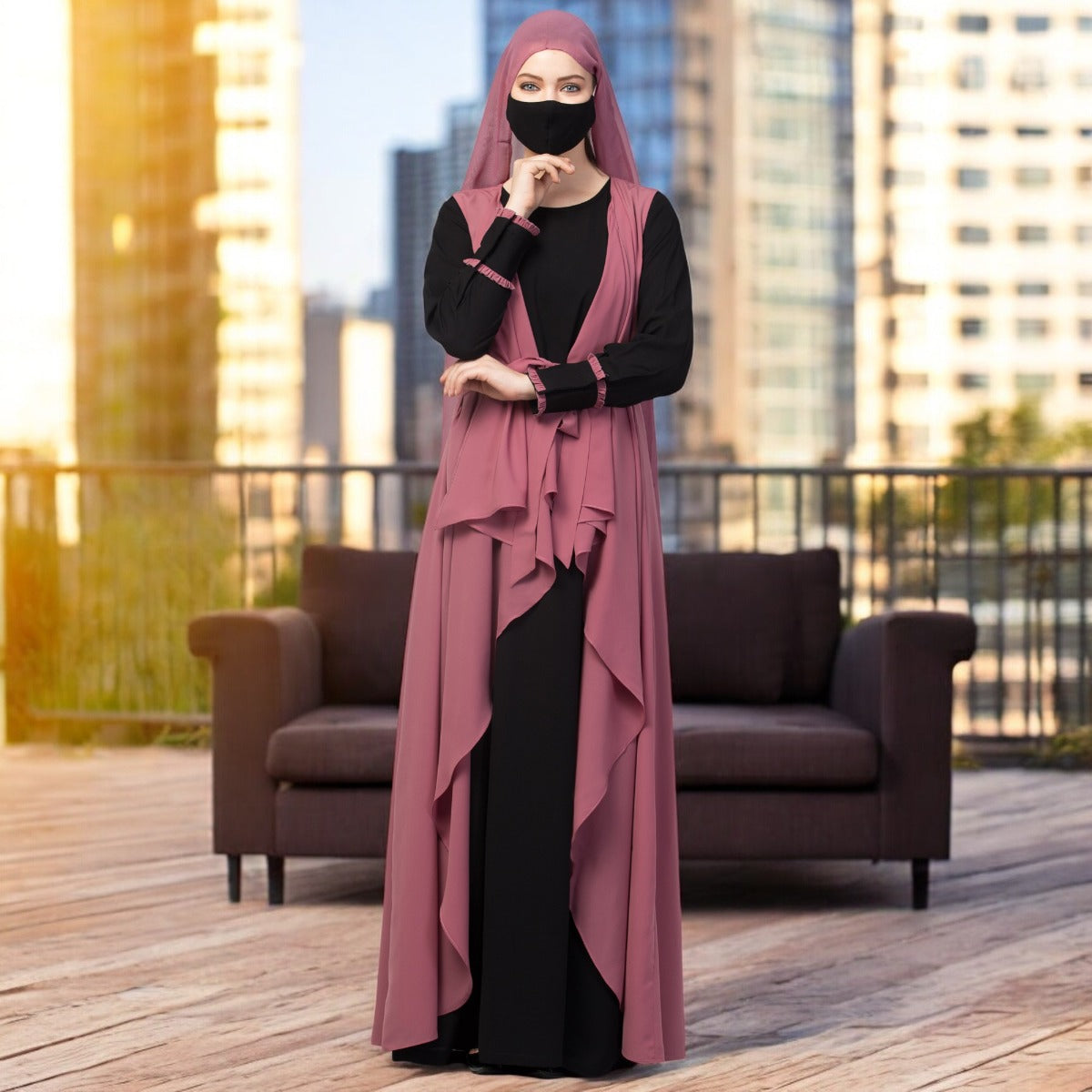 Three Pieces Set- Abaya With Shrug & Hijab