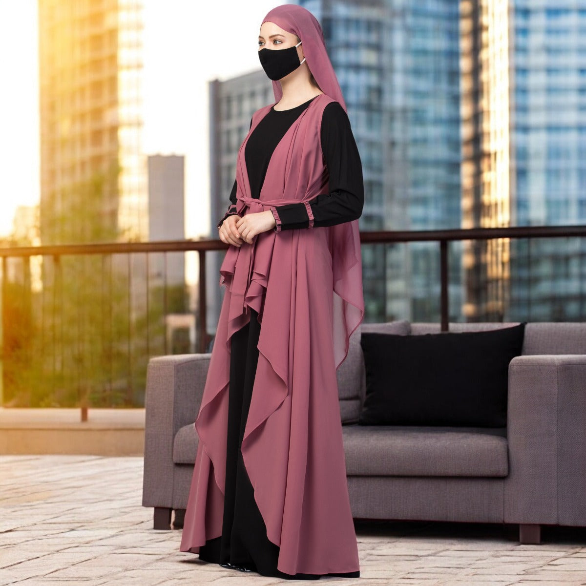 Three Pieces Set- Abaya With Shrug & Hijab