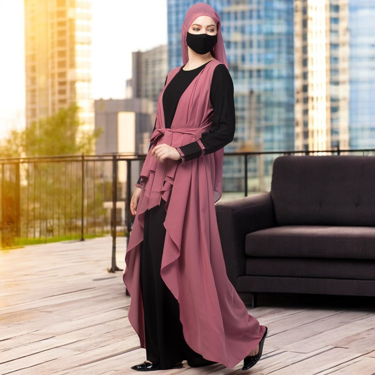 Three Pieces Set- Abaya With Shrug & Hijab