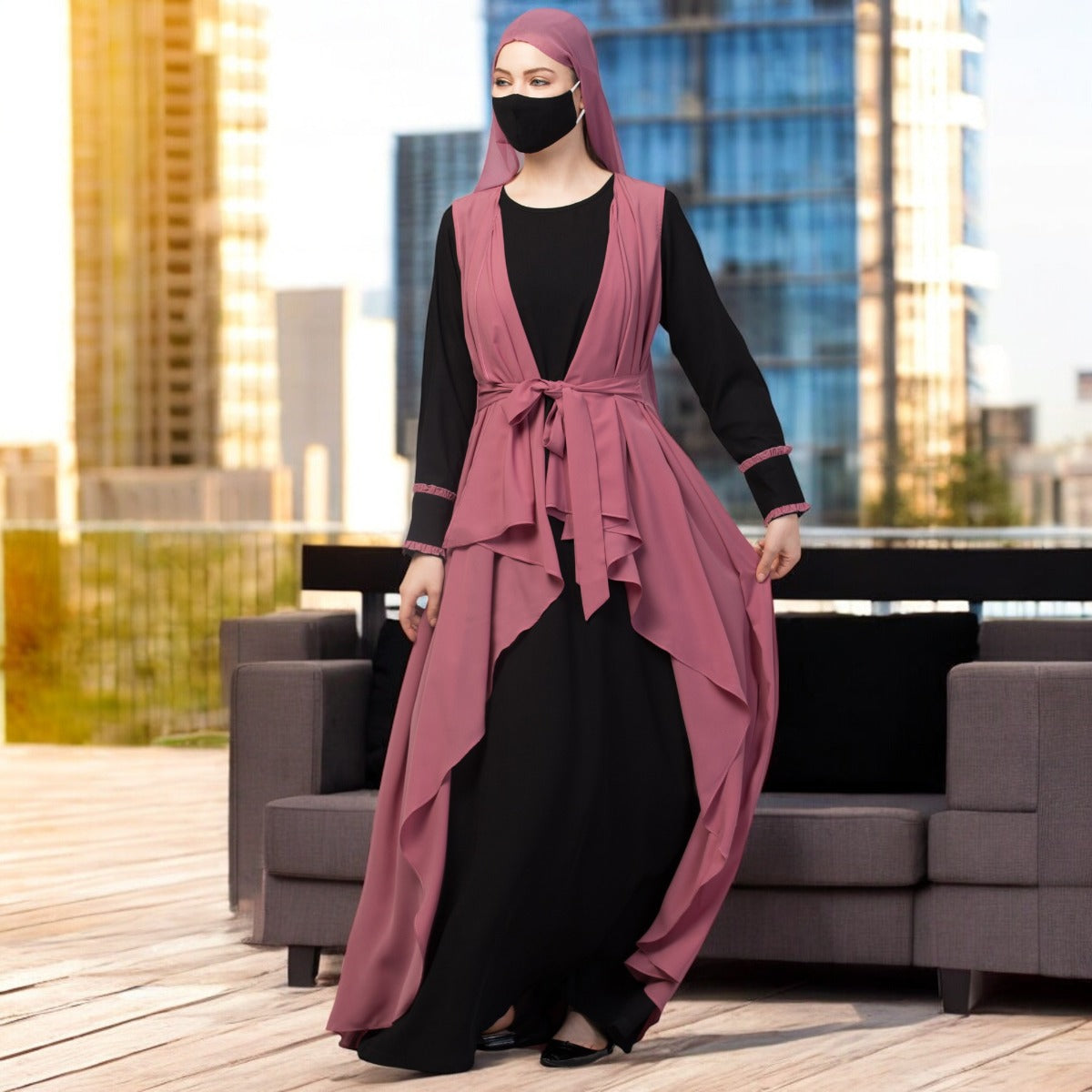 Three Pieces Set- Abaya With Shrug & Hijab