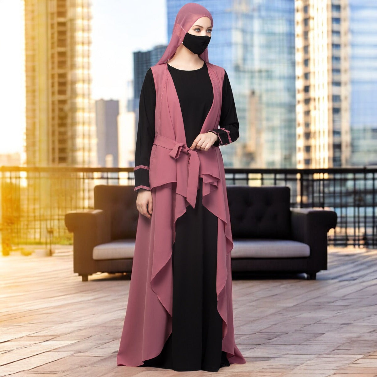 Three Pieces Set- Abaya With Shrug & Hijab