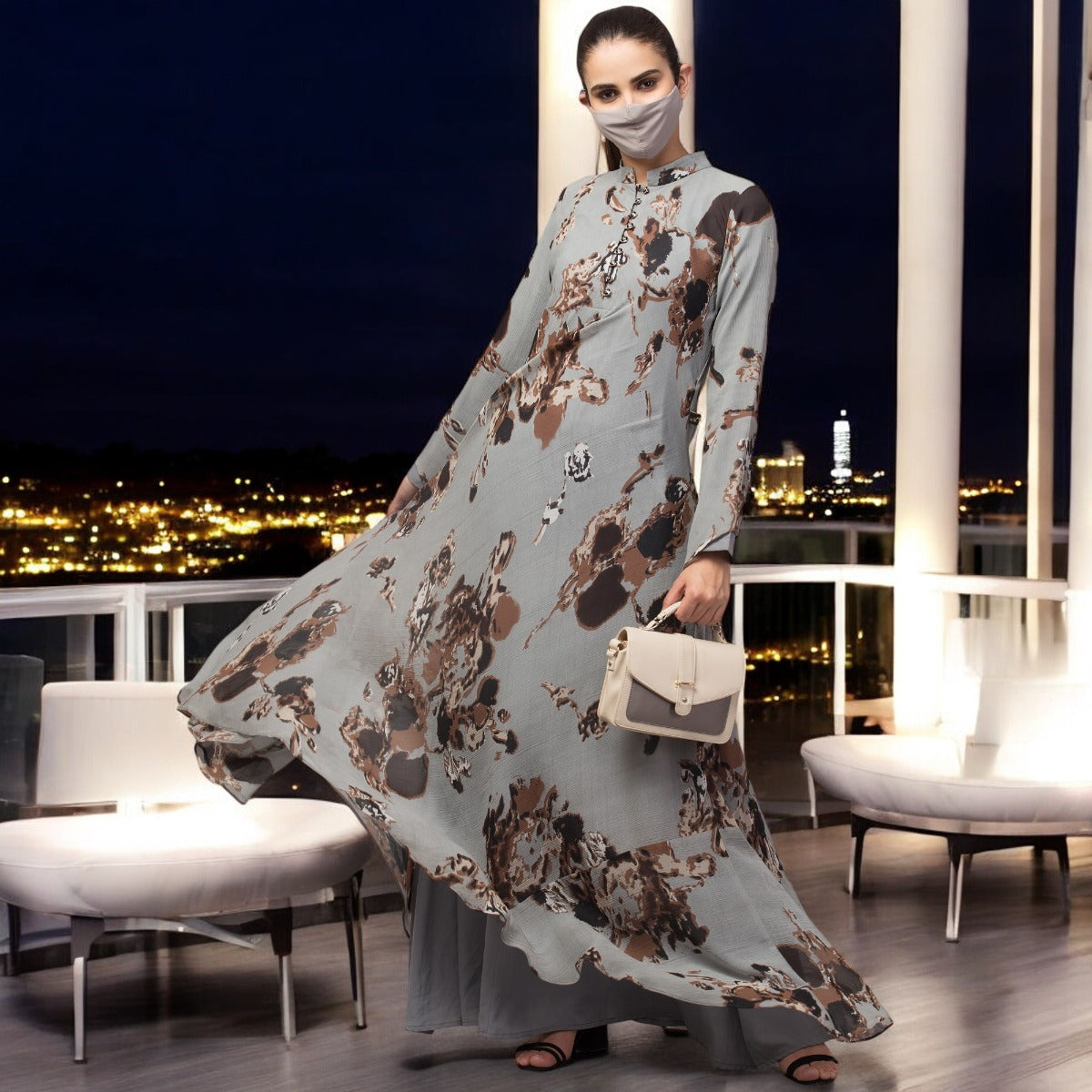 Printed Floral Dress With Umbrella Flare.