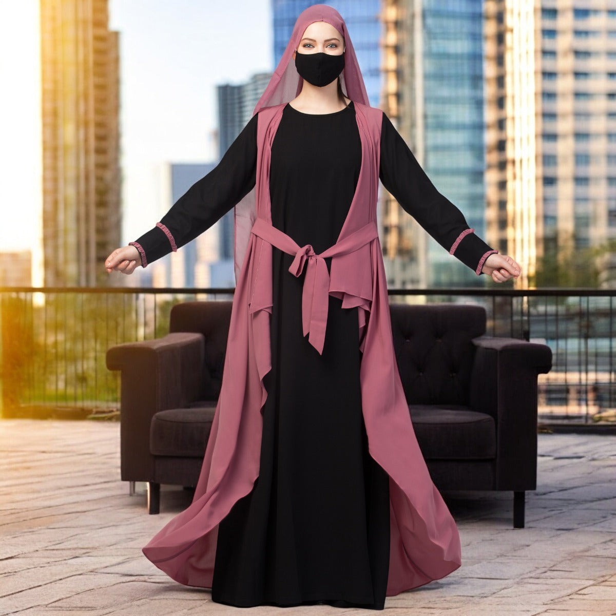 Three Pieces Set- Abaya With Shrug & Hijab