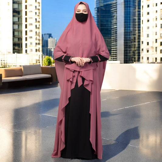 Four Pieces Set- Dual Layer Abaya With Khimar, Shrug & Stole Hijab.