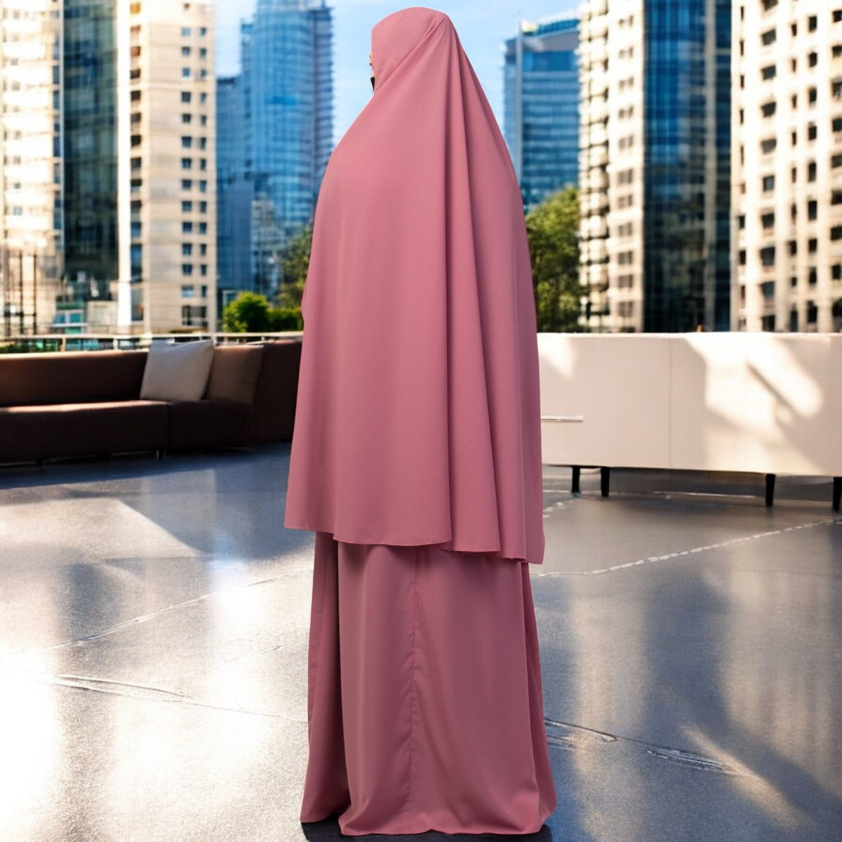 Four Pieces Set- Dual Layer Abaya With Khimar, Shrug & Stole Hijab.