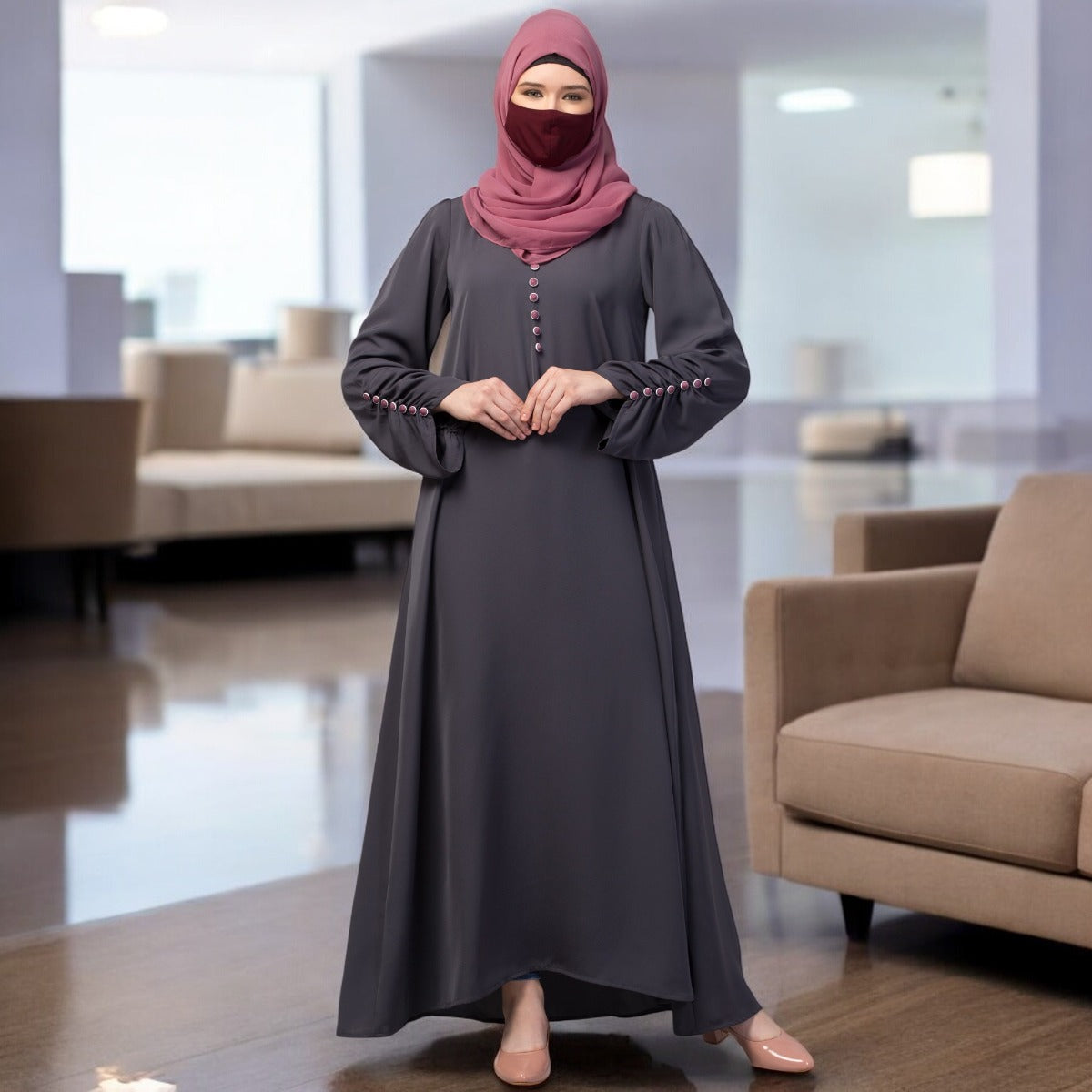 Simple Yet Stylish Abaya In Premium Stretchable Praada Fabric With Fabric Buttons