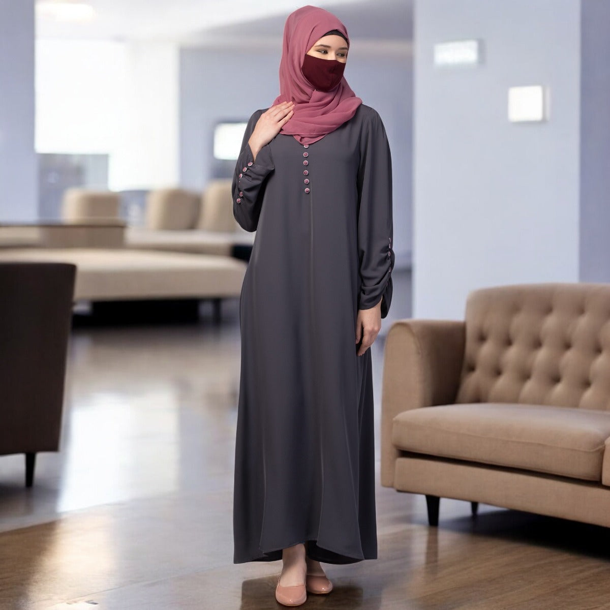 Simple Yet Stylish Abaya In Premium Stretchable Praada Fabric With Fabric Buttons