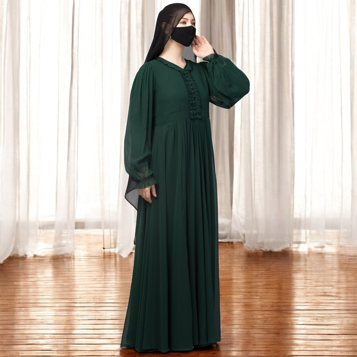 Occasion Wear Modest Dress With Umbrella Flare and Frills