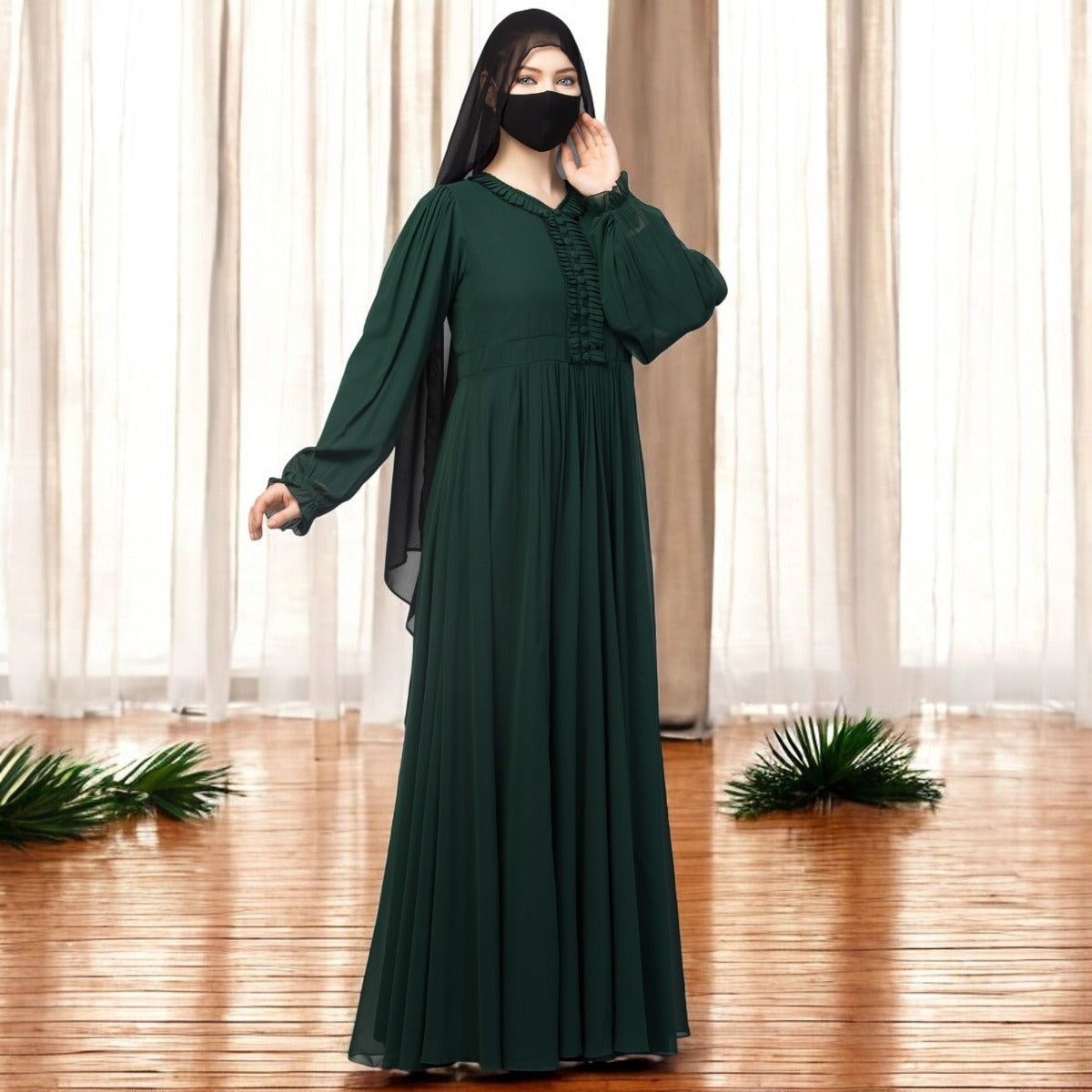 Occasion Wear Modest Dress With Umbrella Flare and Frills