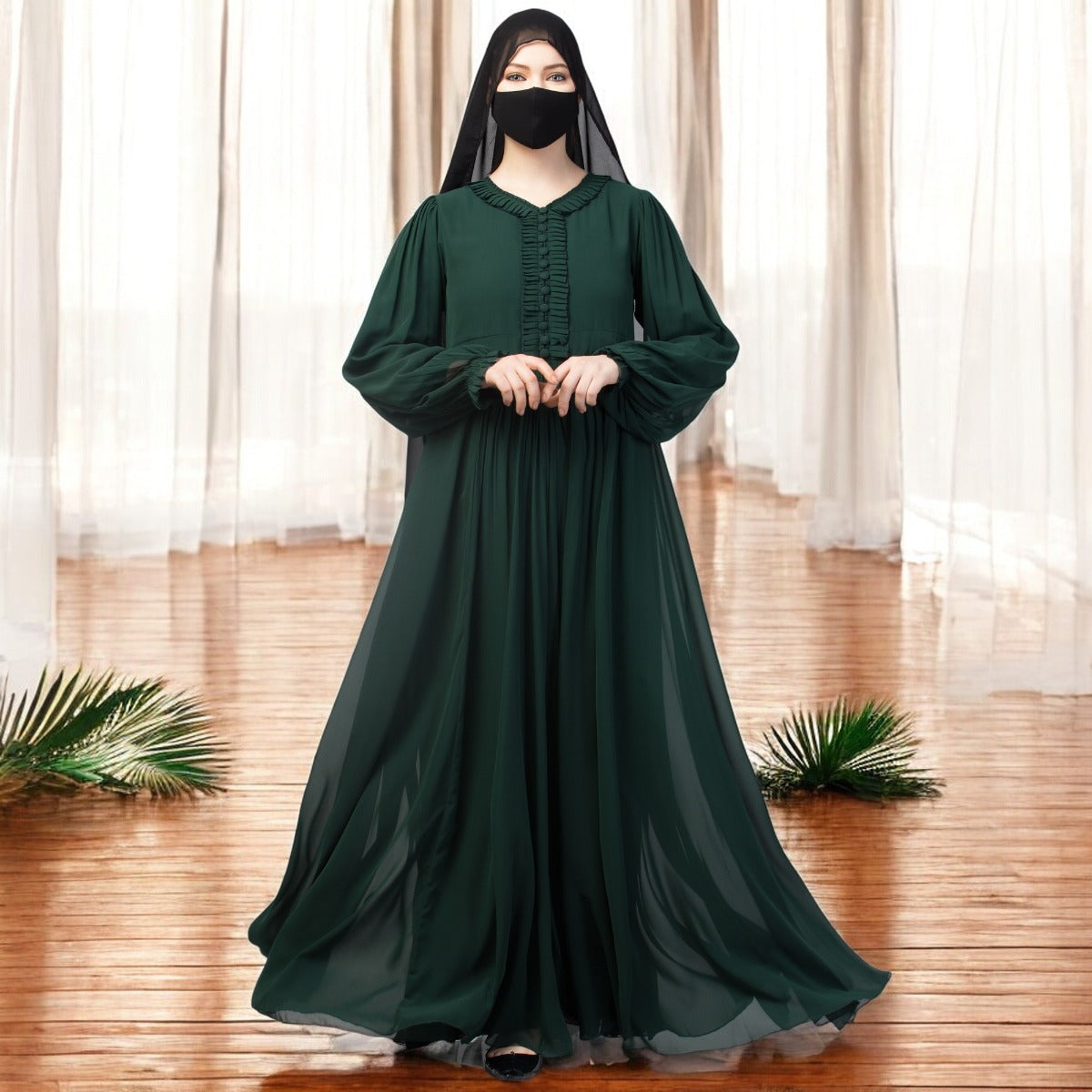 Occasion Wear Modest Dress With Umbrella Flare and Frills