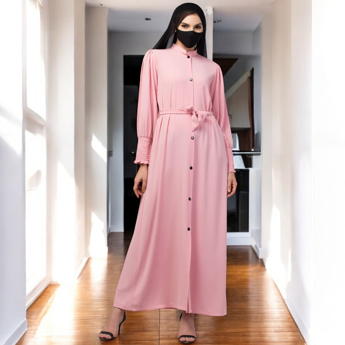 Front Open Abaya In Premium Stretchable Fabric with Puff Shoulders, Smocky Sleeves and Contrast Buttons