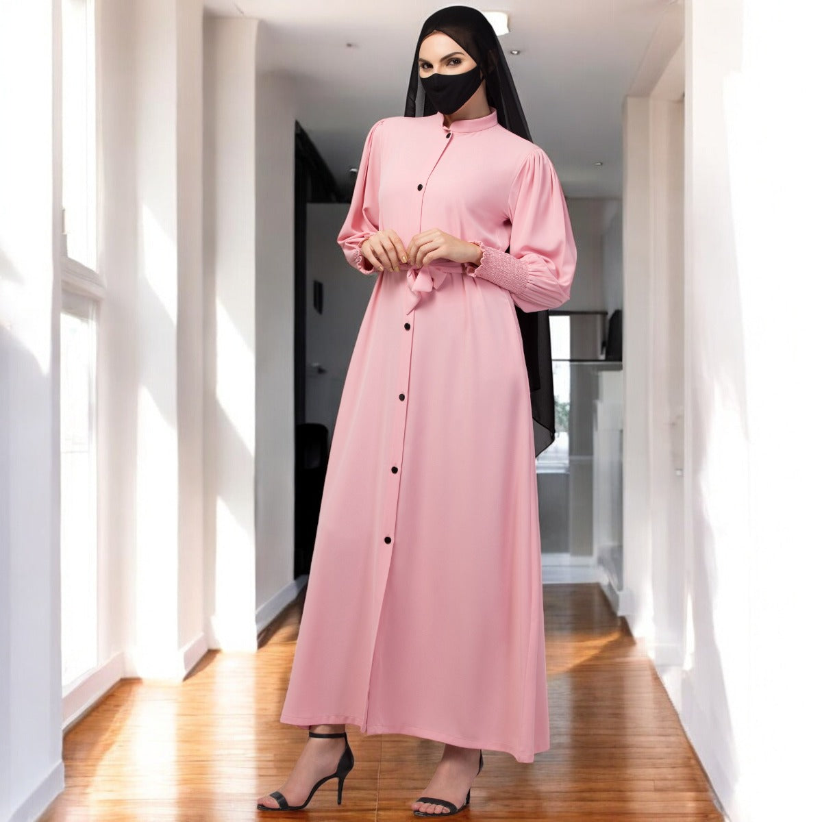 Front Open Abaya In Premium Stretchable Fabric with Puff Shoulders, Smocky Sleeves and Contrast Buttons