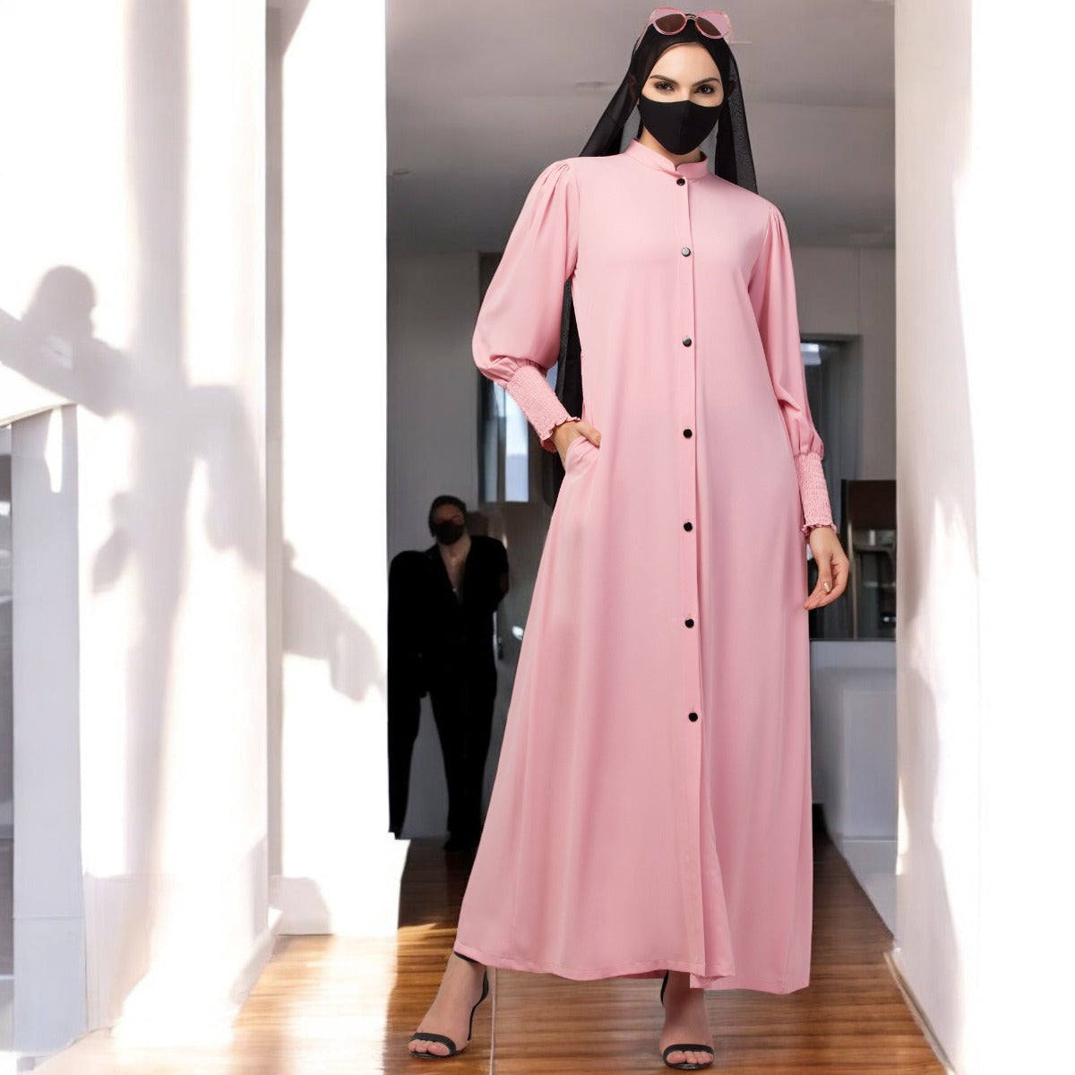 Front Open Abaya In Premium Stretchable Fabric with Puff Shoulders, Smocky Sleeves and Contrast Buttons