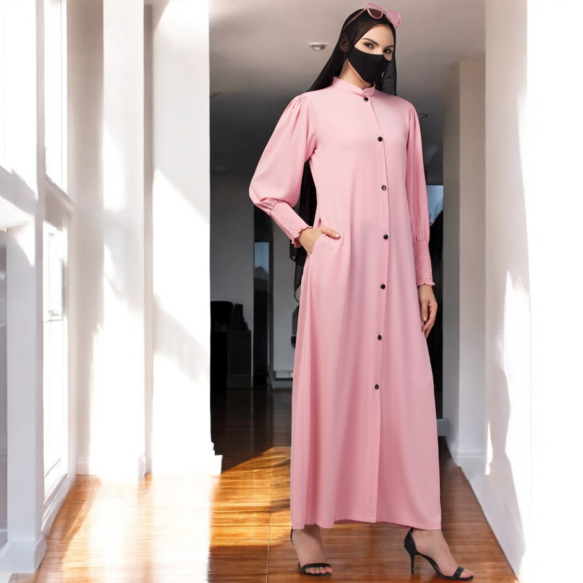 Front Open Abaya In Premium Stretchable Fabric with Puff Shoulders, Smocky Sleeves and Contrast Buttons