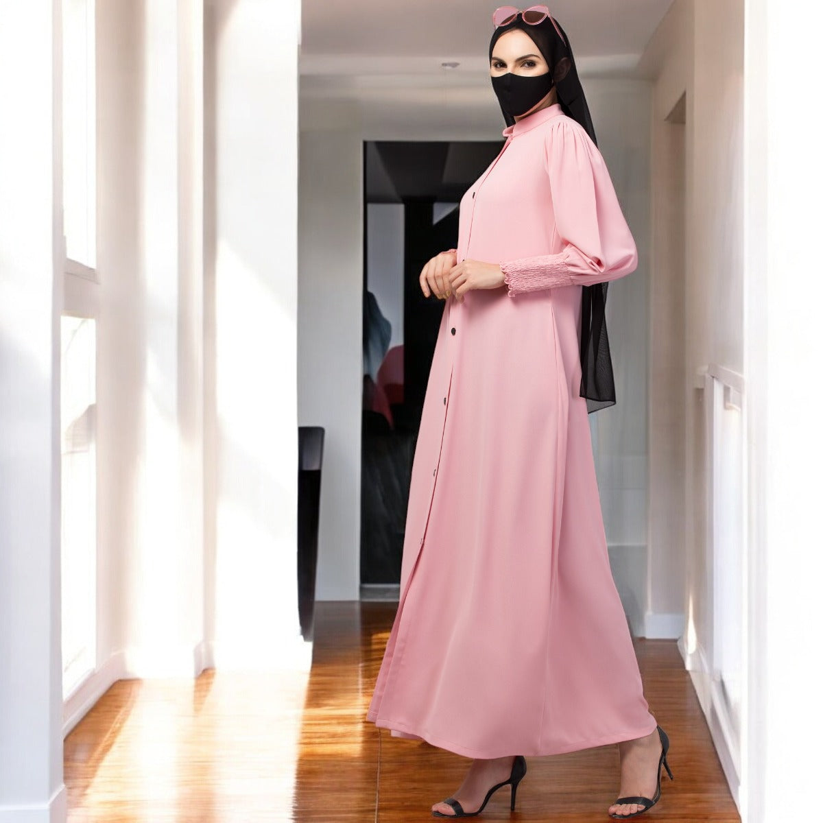 Front Open Abaya In Premium Stretchable Fabric with Puff Shoulders, Smocky Sleeves and Contrast Buttons